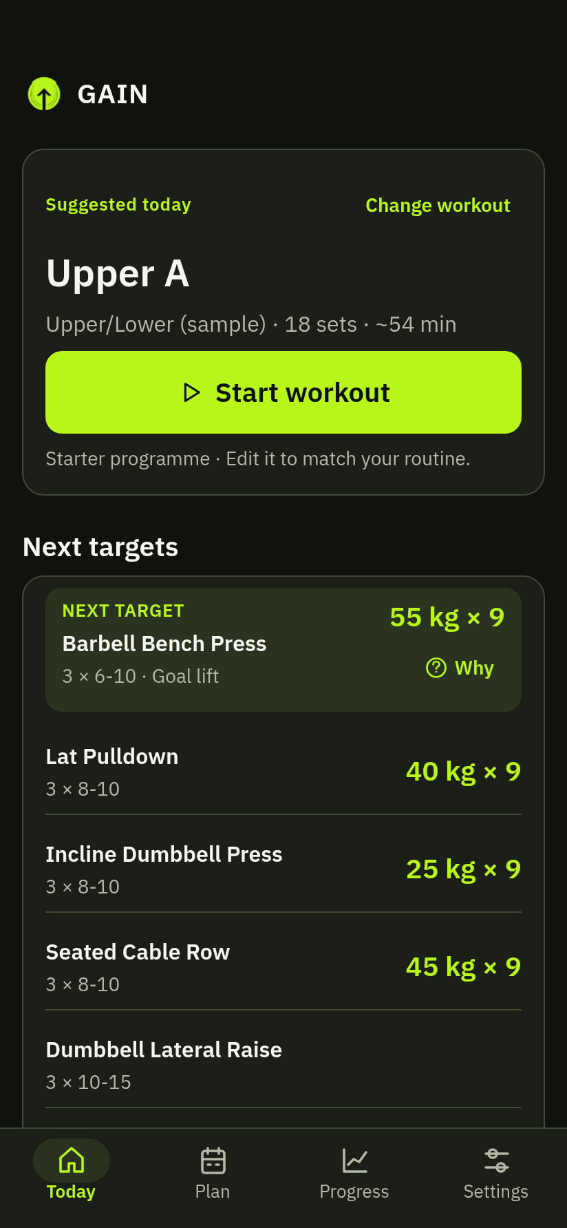 GAIN Today screen web render showing sample workout targets